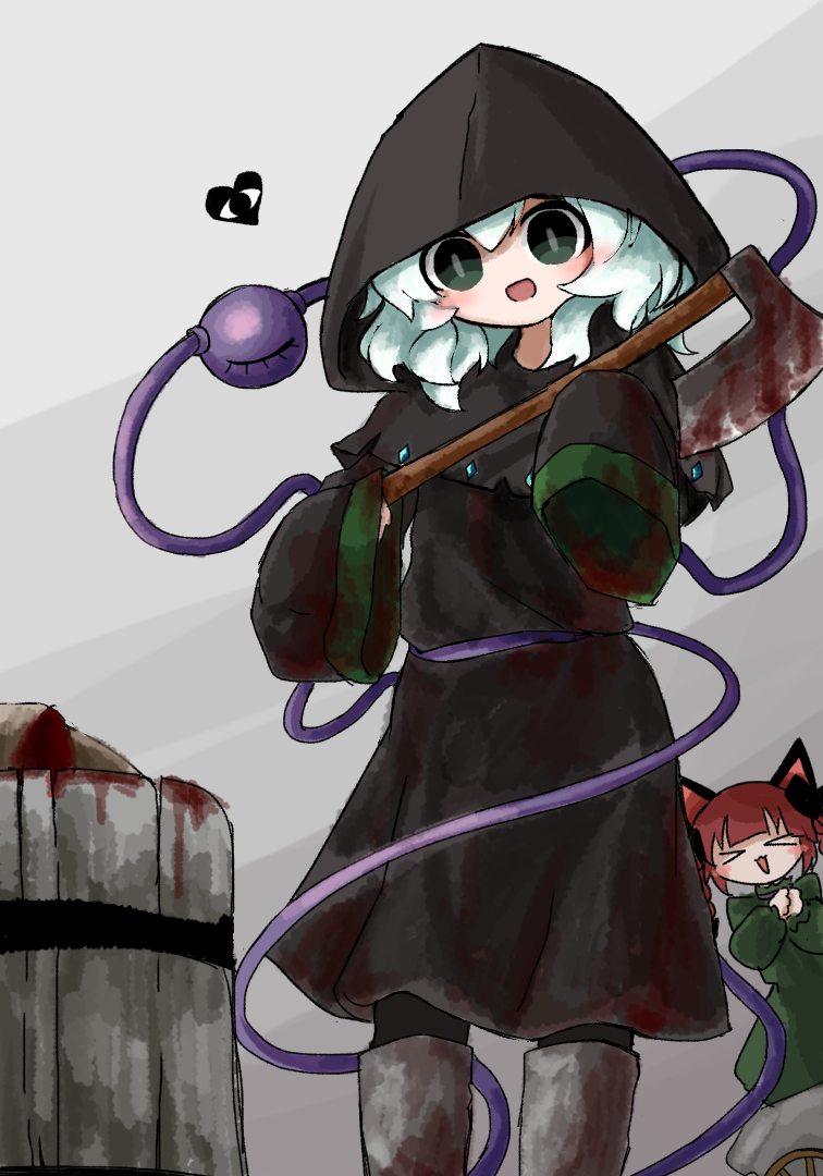 2girls :d alternate_costume animal_ears axe barrel black_bow black_cloak blood blood_on_clothes bloody_weapon bow braid cat_ears cat_girl cloak dress eyeball feet_out_of_frame green_dress green_eyes green_hair grey_background hair_bow heart heripantomorrow holding holding_axe hood hood_up hooded_cloak kaenbyou_rin komeiji_koishi long_sleeves medium_hair multiple_girls open_mouth red_hair sleeves_past_fingers sleeves_past_wrists smile standing third_eye touhou twin_braids weapon wide_sleeves