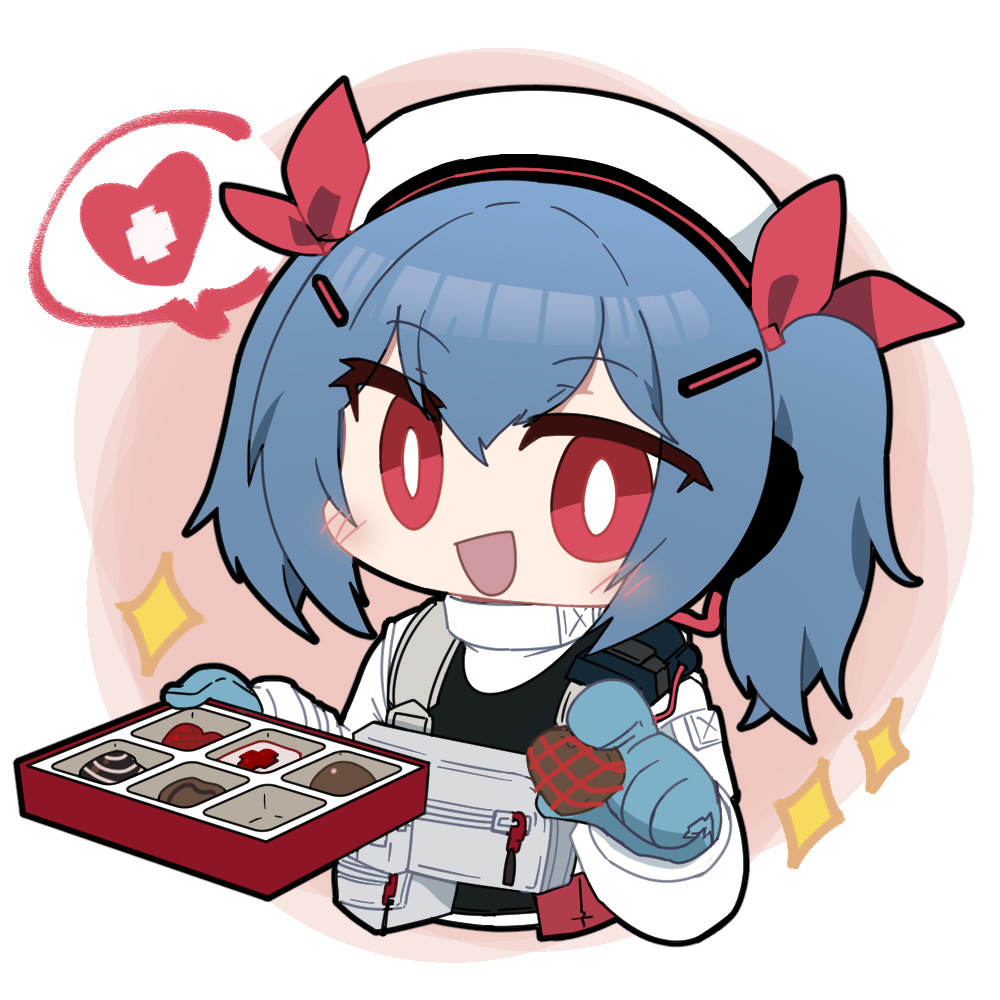 1girl :d beret blue_gloves blue_hair blush box box_of_chocolates chibi chibi_only chinese_commentary chocolate colphne_(girls&#039;_frontline_2) cropped_torso food girls&#039;_frontline girls&#039;_frontline_2:_exilium gloves hair_ornament hair_ribbon hairclip happy_valentine hat heart holding holding_chocolate holding_food madcore official_art open_mouth red_eyes red_ribbon ribbon second-party_source smile solo sparkle speech_bubble spoken_heart white_hat