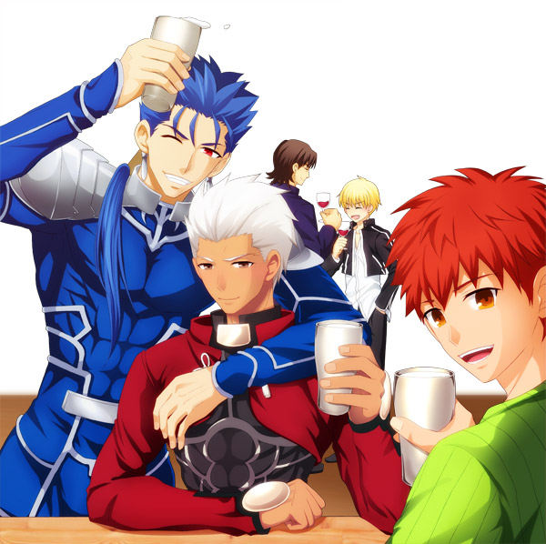 5boys archer_(fate) black_jacket blonde_hair blue_bodysuit blue_hair bodysuit brown_hair commentary_request cu_chulainn_(fate) cu_chulainn_(fate/stay_night) cup drinking_glass emiya_shirou emiya_shirou_(unlimited_blade_works) fate/stay_night fate/unlimited_blade_works fate_(series) gilgamesh_(fate) gilgamesh_(immoral_biker_jacket)_(fate) green_jacket grin hair_over_shoulder hisohiso_(altoblue) holding holding_cup jacket kotomine_kirei multiple_boys one_eye_closed orange_eyes orange_hair ponytail red_eyes shirt smile untucked_shirt white_hair white_shirt wine_glass