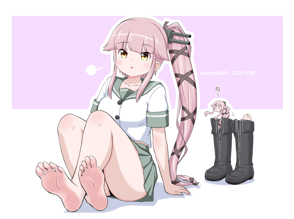 1girl barefoot black_boots black_ribbon boots brown_eyes commentary_request crossed_legs full_body grey_sailor_collar grey_skirt hair_flaps hair_ribbon kantai_collection long_hair masara_(chuujou) pink_background pink_hair pleated_skirt ribbon sailor_collar school_uniform serafuku shirt short_sleeves side_ponytail sitting skirt solo the_yuudachi-like_creature two-tone_background unworn_boots white_background white_shirt yura_(kancolle) yura_(snake)