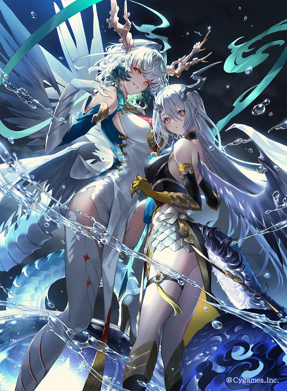 2girls black_dress breasts broken_horn china_dress chinese_clothes closed_mouth commentary_request company_name dragon_girl dragon_horns dragon_tail dragon_wings dress dual_persona green_eyes grin hair_intakes highres horns large_breasts long_hair looking_at_viewer looking_back mizuchi_(shadowverse) multiple_girls official_art shadowverse shadowverse_evolve shula_dou si_long_(shadowverse) sideboob simple_background smile standing tail teeth time_paradox water white_dress white_hair wings yellow_eyes