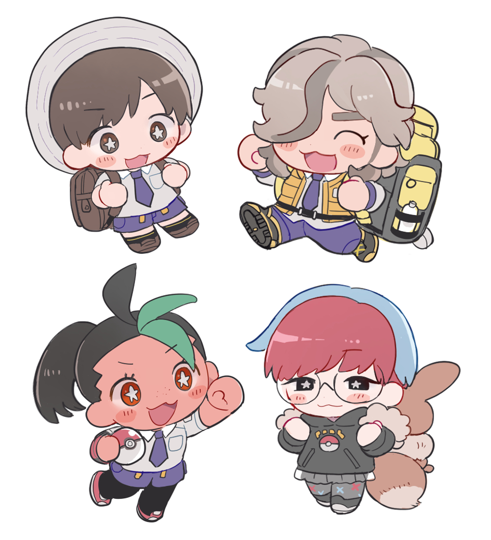 2boys 2girls 50yen_(gojiue) :d ^_^ arven_(pokemon) backpack bag blush_stickers boots brown_bag brown_eyes brown_footwear brown_hair chibi closed_eyes collared_shirt commentary_request florian_(pokemon) hat holding holding_poke_ball hood hoodie multicolored_hair multiple_boys multiple_girls necktie nemona_(pokemon) nintendo open_clothes open_mouth open_vest pants pantyhose penny_(pokemon) poke_ball poke_ball_(basic) pokemon pokemon_sv purple_necktie purple_shorts school_uniform see-through_clothes see-through_skirt shirt shorts skirt smile star-shaped_pupils star_(symbol) symbol-shaped_pupils two-tone_hair vest yellow_bag