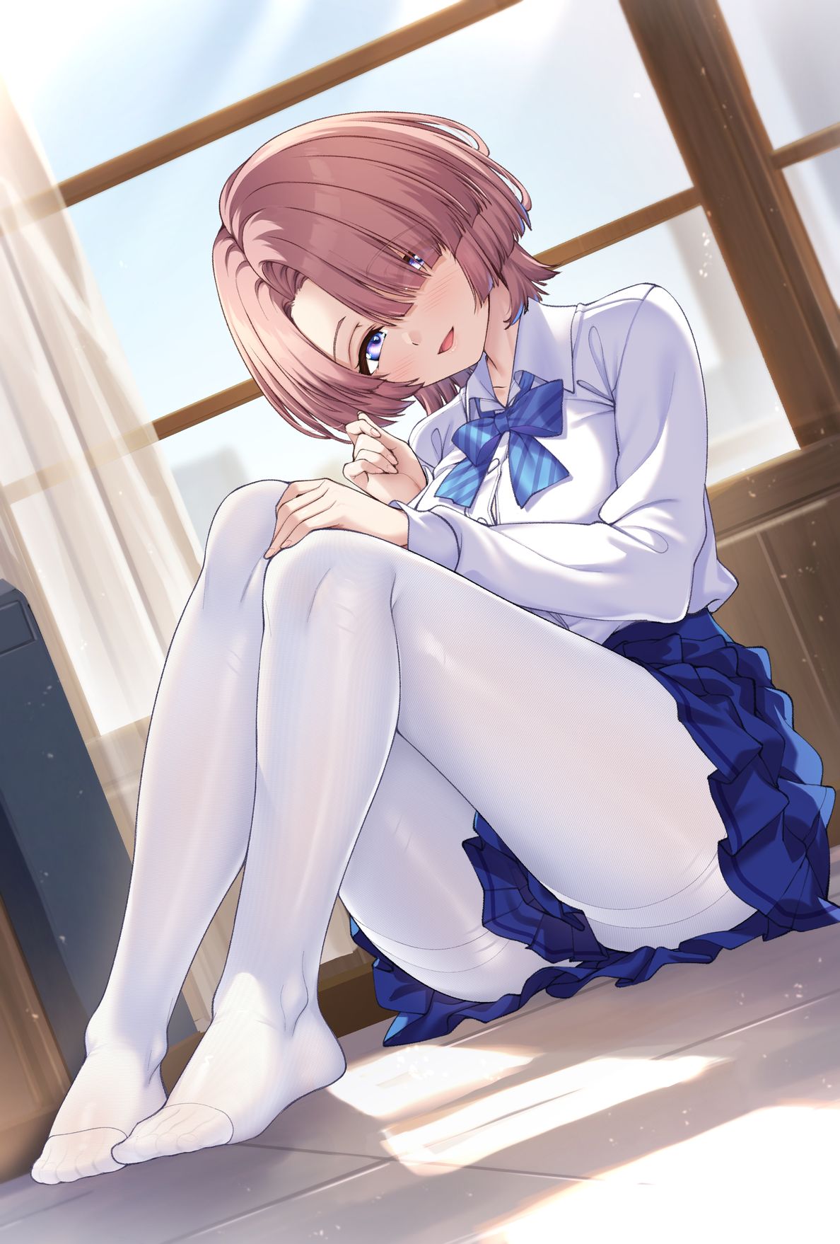 1girl arimura_mao blue_bow blue_bowtie blue_skirt blush bow bowtie commentary_request diagonal-striped_bow diagonal-striped_bowtie diagonal-striped_clothes gakuen_idolmaster head_tilt highres idolmaster indoors knees_up loafers long_sleeves looking_at_viewer pantyhose pink_hair pleated_skirt purple_eyes school_uniform shirokuma_a shirt shoes sitting skirt smile solo striped_clothes white_pantyhose white_shirt