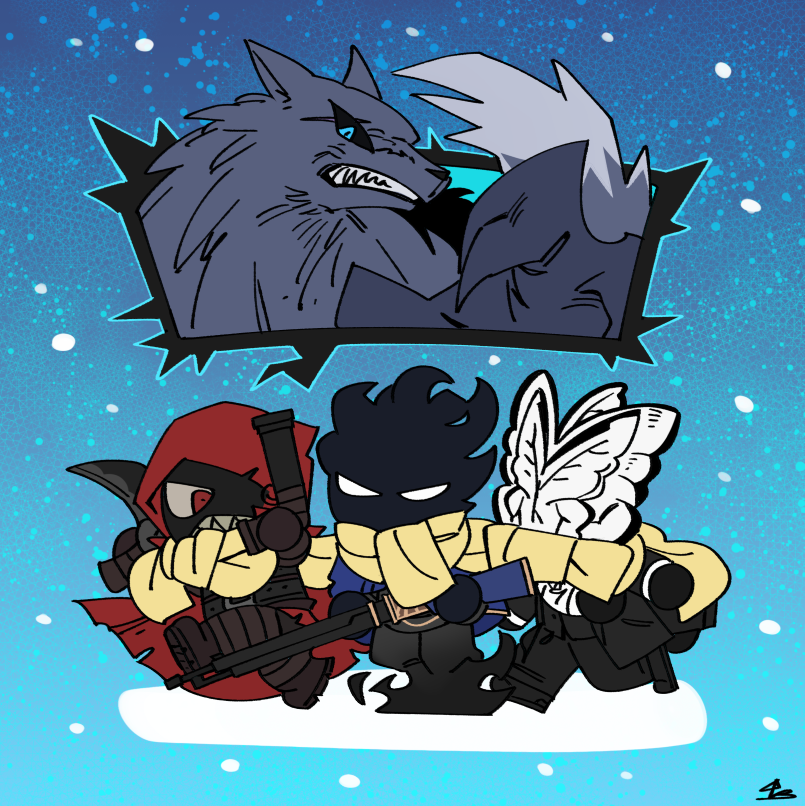 1girl 2boys animal_head big_and_will_be_bad_wolf black_coat black_fire black_gloves bug butterfly cape chibi closed_mouth coat der_freischuetz_(project_moon) fire flaming_head force_(4sk_force) funeral_of_the_dead_butterflies gloves gun holding holding_sickle holding_weapon hood hooded_cape insect little_red_riding_hooded_mercenary lobotomy_corporation long_sleeves multiple_boys project_moon red_cape red_eyes rifle scarf sharp_teeth sniper_rifle snow teeth weapon wolf yellow_scarf