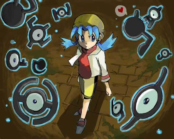 1990s_(style) 1girl alternate_form aqua_outline ashiwaza bad_id blue_eyes child curious dark drawr from_above gen_2_pokemon hat heart kris_(pokemon) nintendo oekaki outline perspective pokemon pokemon_(creature) pokemon_gsc retro_artstyle speech_bubble spoken_heart twintails unown unown_a unown_d unown_e unown_h unown_i unown_j unown_l unown_n unown_q unown_v unown_z