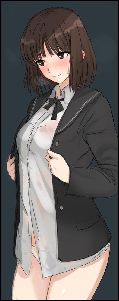 1girl adjusting_clothes amagami bad_id bad_pixiv_id black_background black_bow black_bowtie black_jacket black_ribbon blazer blunt_bangs blush bottomless bow bowtie breasts brown_eyes brown_hair closed_mouth cowboy_shot dress_shirt embarrassed female_focus jacket kibito_high_school_uniform looking_away medium_breasts mobu no_pants nose_blush panties partially_unbuttoned raised_eyebrows ribbon school_uniform see-through_clothes shirt solo sweatdrop tanaka_keiko_(amagami) underwear wet wet_clothes white_panties white_shirt worried