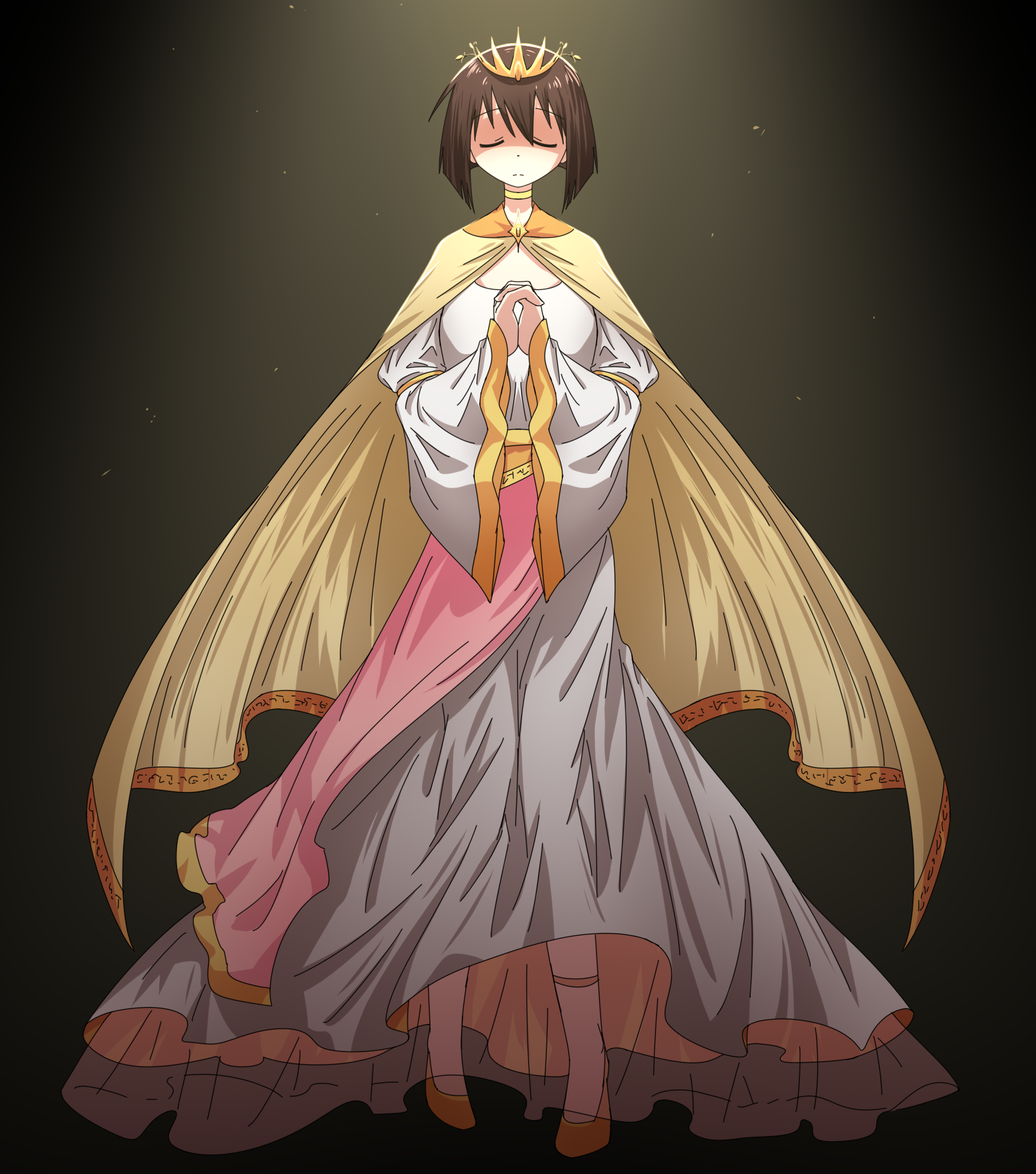 1girl alternate_costume azumanga_daiou bob_cut cape closed_eyes commentary crown dress english_commentary farhan_melukis full_body gradient_background highres kaori_(azumanga_daioh) long_dress own_hands_together pointed_crown short_hair solo white_dress wide_sleeves yellow_cape