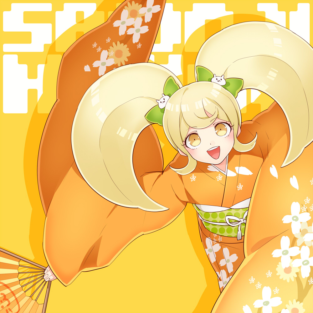 10s 1girl bad_id bad_pixiv_id blonde_hair danganronpa_(series) danganronpa_2:_goodbye_despair female_focus folding_fan gum_(gmng) gumidemo_kandero hair_ribbon hand_fan japanese_clothes open_mouth ribbon saionji_hiyoko solo twintails yellow_eyes