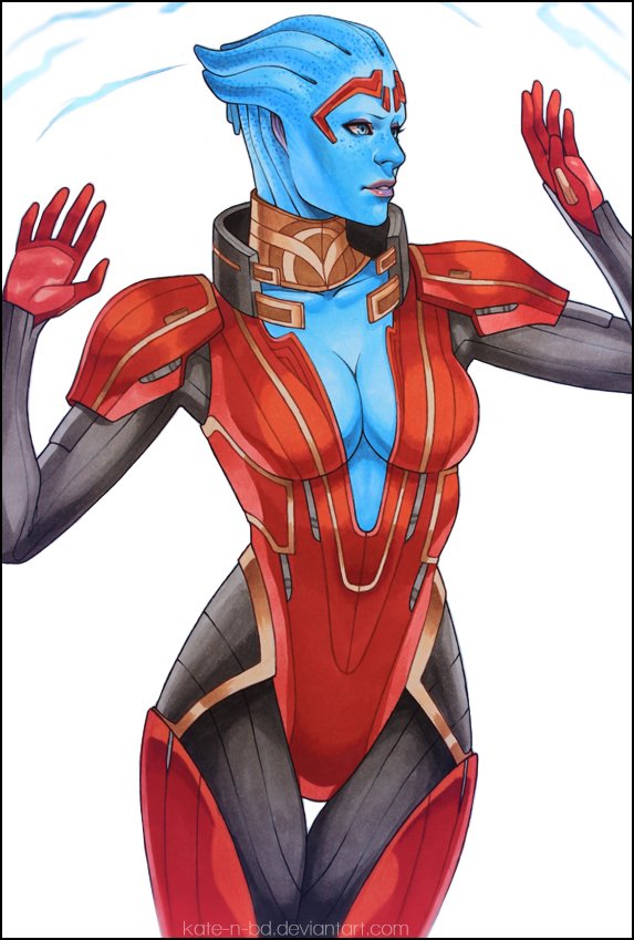 1girl alien asari_(mass_effect) bad_deviantart_id bad_id blue_eyes blue_skin bodysuit breasts cleavage colored_skin cowboy_shot detached_collar female_focus freckles kasia_nie kate-n-bd large_breasts mass_effect_(series) mass_effect_2 mature_female samara_(mass_effect) solo standing thigh_gap