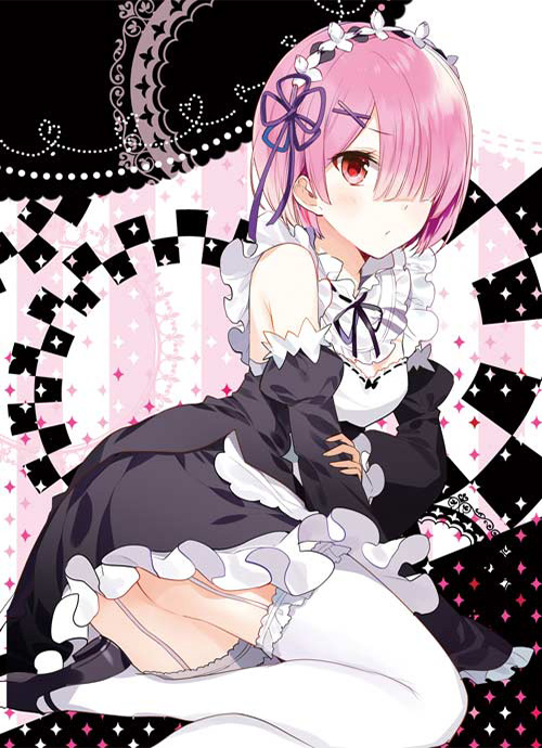 10s 1girl apron black_shoes breasts collar detached_collar detached_sleeves dress female_focus flower frilled_collar frilled_dress frills garter_straps hair_flower hair_ornament hair_over_one_eye hair_ribbon hand_on_own_arm looking_at_viewer lying maid maid_headdress mary_janes medium_breasts on_side pink_hair puffy_sleeves purple_ribbon ram_(re:zero) re:zero_kara_hajimeru_isekai_seikatsu red_eyes ribbon shoes short_hair solo thighhighs thighs waist_apron white_flower white_thighhighs x_hair_ornament yuzuki_kihiro