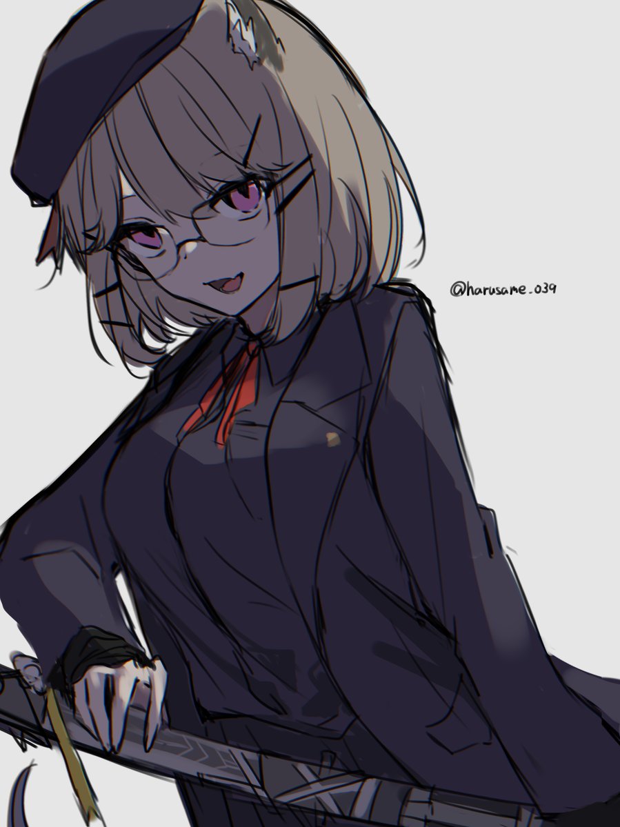 1girl arknights beret fang formal_clothes harusame_039 hat holding holding_sword holding_weapon looking_at_viewer open_mouth purple_eyes purple_suit short_hair skin_fang smile solo suit sword twitter_username utage_(arknights) utage_(disguise)_(arknights) weapon