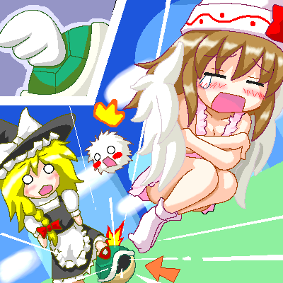 2girls covering_breasts covering_privates crossover kedama_(touhou) kirisame_marisa koopa koopa_paratroopa koopa_troopa lily_white lowres mario_(series) multiple_girls myonde nintendo oekaki parody shell super_mario_bros._1 super_marisa_world touhou wings