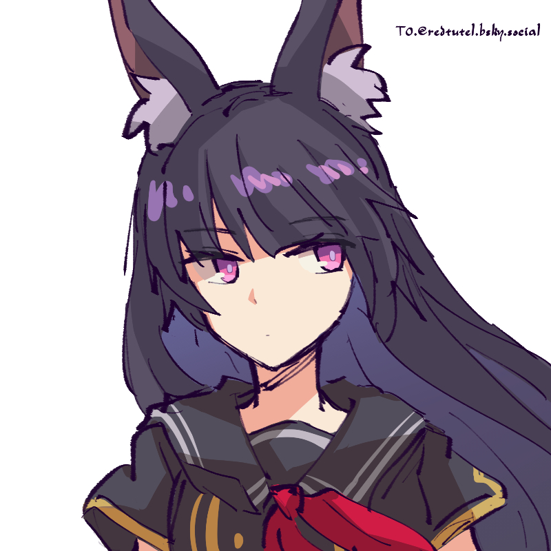 1girl alonemistrist animal_ear_fluff animal_ears black_hair black_sailor_collar black_shirt blunt_bangs closed_mouth commentary dragalia_lost english_commentary facing_viewer linnea_(dragalia_lost) long_hair looking_to_the_side neckerchief purple_eyes rabbit_ears rabbit_girl red_neckerchief sailor_collar shirt short_sleeves solo upper_body white_background