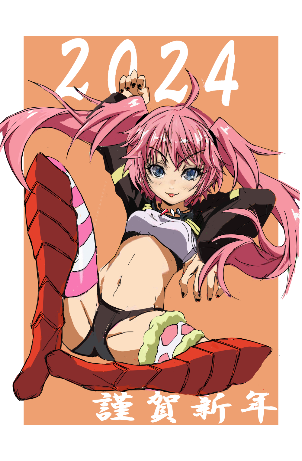 1girl 2024 ahoge black_nails blue_eyes highres huo_ji_wu long_hair milim_nava pink_hair solo tensei_shitara_slime_datta_ken tongue tongue_out twintails