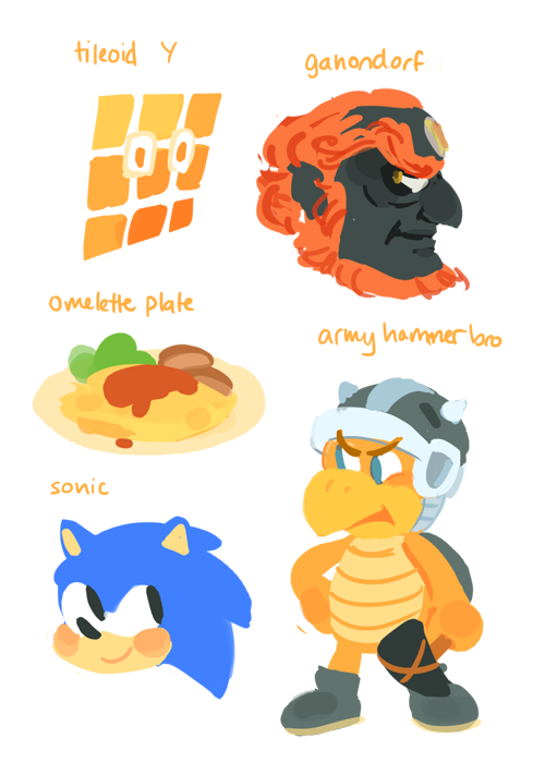 character_name english_text food ganondorf gigi_d.g. hammer_bro hedgehog mario_(series) nintendo omelet omurice paper_mario plate simple_background sonic_(series) sonic_the_hedgehog sonic_the_hedgehog_(classic) source_request super_paper_mario super_princess_peach the_legend_of_zelda tileoid_y turtle white_background