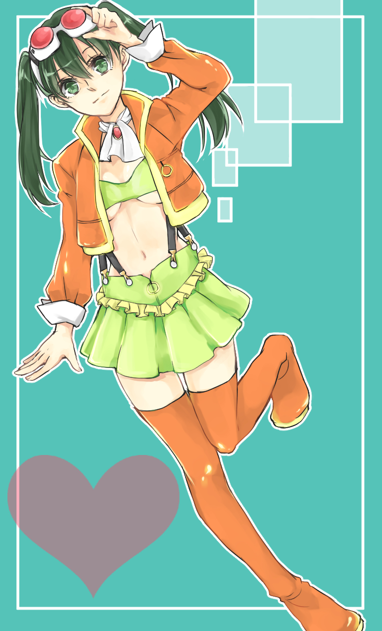 1girl akatsuki_kouya blue_background boots breasts cleavage closed_mouth cosplay d.gray-man eyewear_on_head female_focus green_eyes green_hair green_skirt gumi gumi_(cosplay) hair_between_eyes heart highres jacket lenalee_lee long_hair long_sleeves looking_at_viewer midriff miniskirt navel open_clothes open_jacket orange_boots orange_jacket pleated_skirt shiny_footwear skirt small_breasts smile solo standing standing_on_one_leg stomach sunglasses suspender_skirt suspenders thigh_boots thigh_gap thighhighs twintails underboob vocaloid zettai_ryouiki