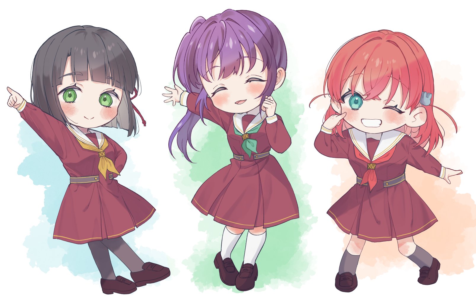 3girls ;d ^_^ aqua_eyes aqua_neckerchief arm_up artist_collaboration azuma_(no488888) black_hair black_pantyhose black_socks blunt_bangs blunt_ends blush bob_cut brown_dress brown_shoes cerise_bouquet clenched_hand closed_eyes commentary_request deformed dress facing_viewer flower_stand_art full_body green_eyes grin hair_intakes hair_ornament hasu_no_sora_school_uniform highres hinoshita_kaho index_finger_raised link!_like!_love_live! loafers long_hair long_sleeves looking_at_viewer love_live! medium_dress mikagami_suzuha momose_ginko multiple_girls neckerchief one_eye_closed open_hand open_mouth orange_hair otomune_kozue pantyhose pinky_out pleated_dress purple_hair rabbit_hair_ornament red_neckerchief sailor_collar sailor_dress school_uniform shoes short_hair side_ponytail smile socks two_side_up virtual_youtuber white_sailor_collar white_socks winter_uniform yellow_neckerchief