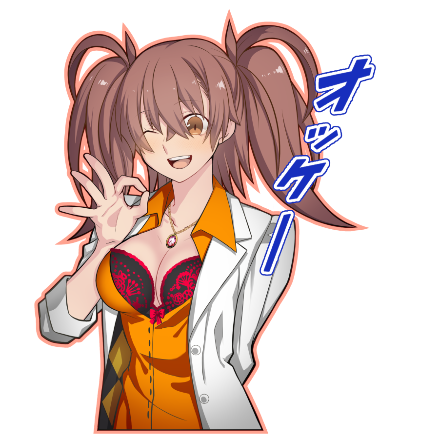 1girl bra breasts brown_eyes brown_hair dr._arach hirakawa lace lace_bra large_breasts long_hair ok_sign orange_vest patterned_clothing smile tsukihime tsukihime_(remake) underwear vest white_background