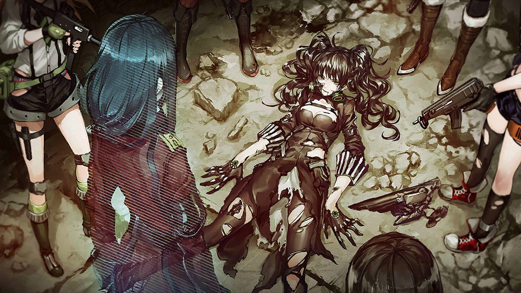 6+girls ahoge aiming android artist_request asymmetrical_legwear black_boots black_dress black_eyes black_gloves black_hair black_pantyhose black_shorts black_socks black_thighhighs blonde_hair boots breasts broken_mask brown_boots character_request check_artist check_character cleavage_cutout clothing_cutout coat crack cracked_floor cross-laced_shoes defeat dress drone feet_out_of_frame finger_on_trigger fingerless_gloves game_cg gas_mask girls&#039;_frontline gloves green_bag green_gloves green_necktie green_socks grey_hair grey_shoes griffin_&amp;_kryuger_military_uniform gun head_out_of_frame helianthus_(girls&#039;_frontline) holding holding_gun holding_weapon hologram idw_(girls&#039;_frontline) infukun kneehighs lace-up_boots large_breasts long_hair long_sleeves lying mac-10_(girls&#039;_frontline) mask mechabare mosin-nagant_(girls&#039;_frontline) mp40 mp40_(girls&#039;_frontline) multiple_girls necktie official_art on_back out_of_frame pantyhose parker-hale_idw pinstripe_pattern red_coat red_shoes red_socks rubble sangvis_ferri scarecrow_(girls&#039;_frontline) shirt shoes short_shorts shorts skorpion_(girls&#039;_frontline) skorpion_vz._61 sneakers socks standing striped submachine_gun suspenders thigh_strap thighhighs torn_clothes torn_dress torn_pantyhose torn_socks torn_thighhighs trigger_discipline twintails type_64_(girls&#039;_frontline) type_64_smg uneven_legwear union_jack_panties union_jack_print victory weapon white_shirt