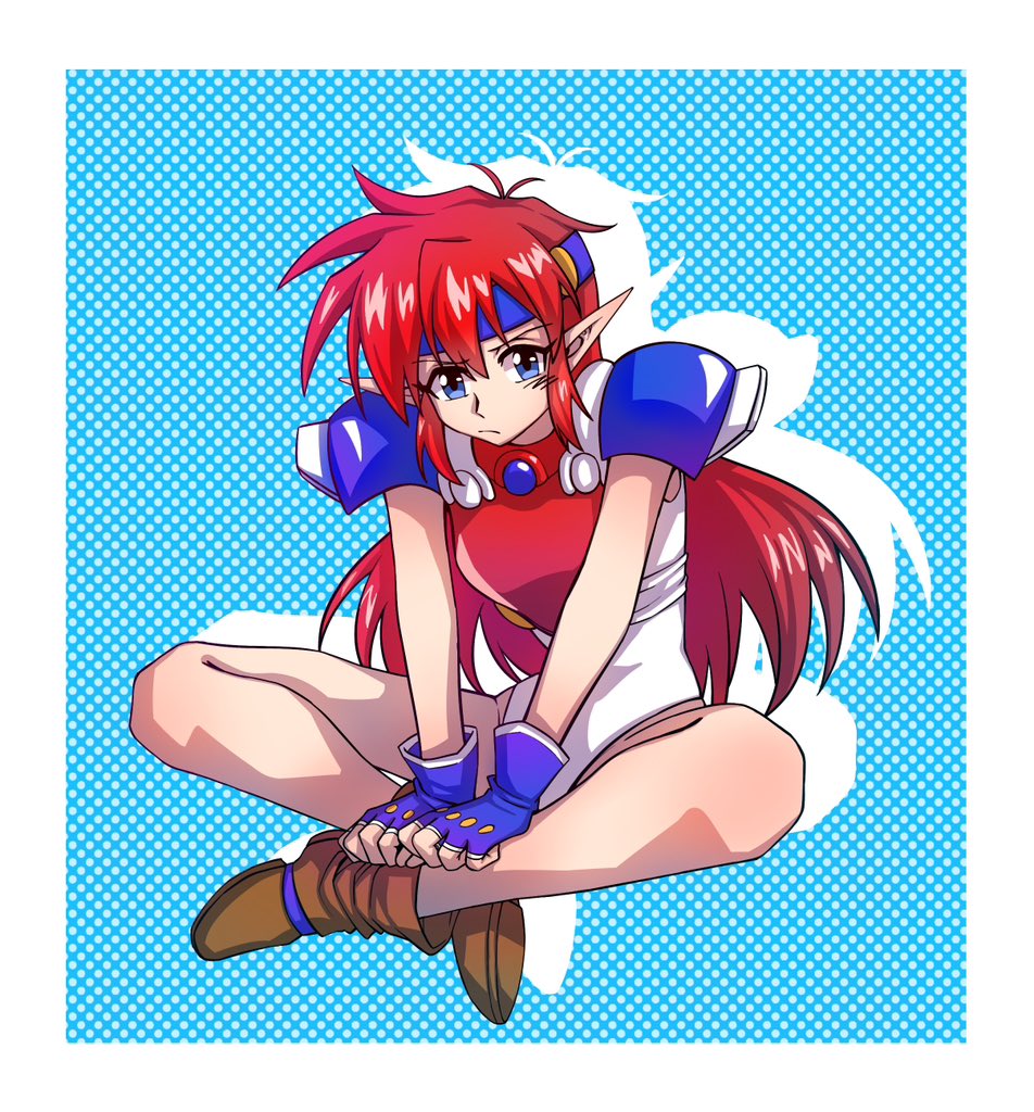 1girl arkibk armor blue_background blue_eyes blue_gloves blue_headband boots border breastplate brown_boots closed_mouth commentary_request crossed_legs fingerless_gloves gloves headband long_hair mail_(popful_mail) pauldrons pointy_ears popful_mail red_hair shoulder_armor sitting solo white_border