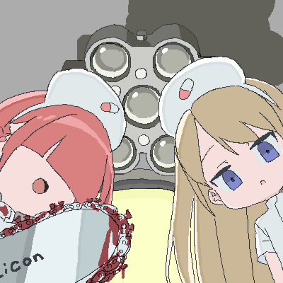 2girls :o armored_core blonde_hair blood blood_on_clothes bloody_weapon blunt_bangs commentary_request covered_eyes dress expressionless from_below hair_over_eyes hat jaggy_lines jitome lamp lokulo_no_mawashimono long_hair looking_at_viewer lowres multiple_girls nurse_cap open_mouth original parody pill_print raised_eyebrows red_hair sadoko_(lokulo_no_mawashimono) scene_reference short_hair short_sleeves smile surgical_light weapon white_dress yurika_a_lutwidge_(lokulo_no_mawashimono)
