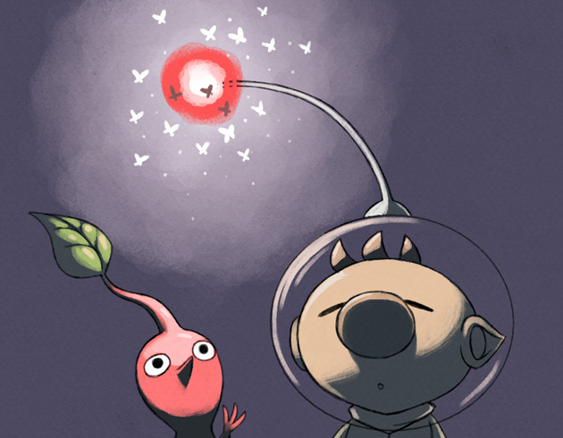 1boy big_nose black_eyes brown_hair bug closed_eyes colored_skin commentary_request dark expressionless glowing hand_up helmet insect leaf light_particles male_focus moth naru_(wish_field) nintendo no_mouth olimar parted_lips pikmin_(creature) pikmin_(series) pointy_ears pointy_nose purple_background radio_antenna red_pikmin red_skin short_hair space_helmet spacesuit upper_body very_short_hair