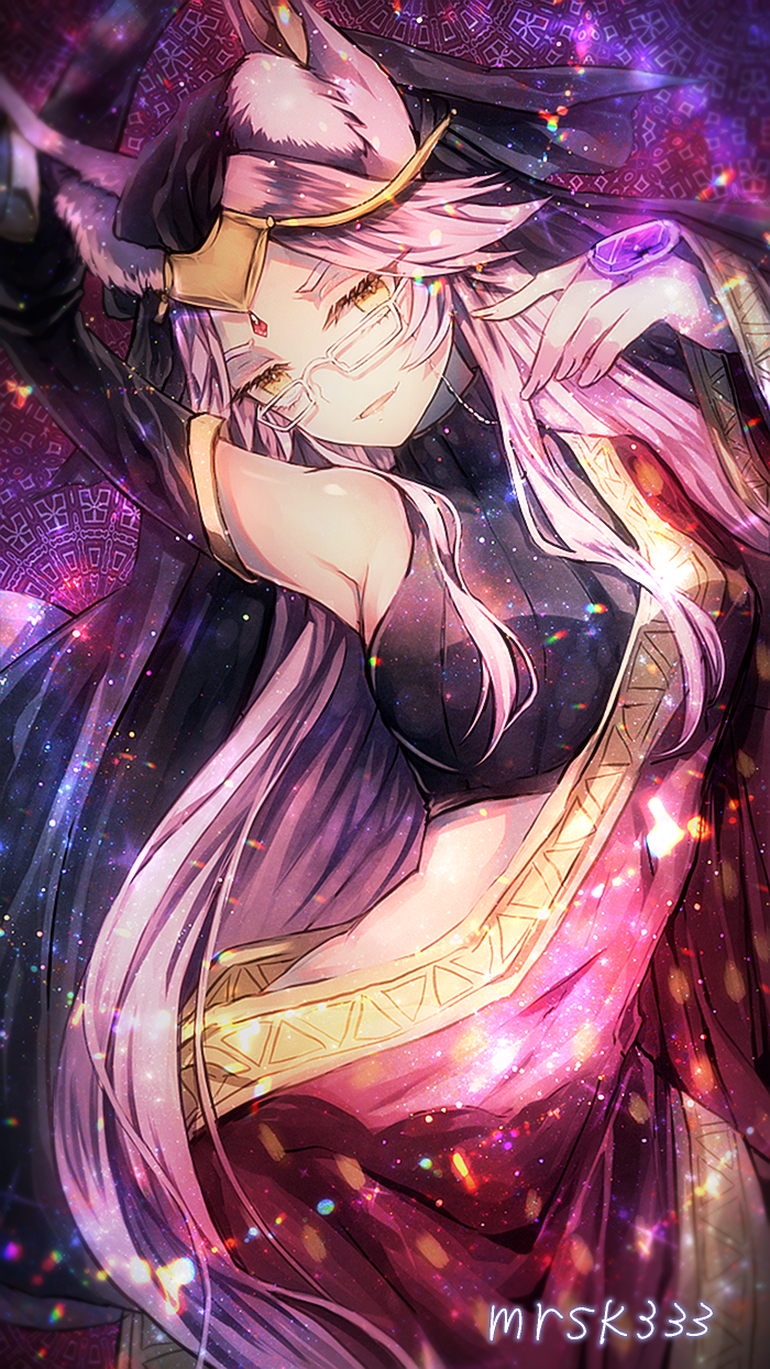 1girl animal_ear_fluff animal_ears bare_shoulders breasts bridal_gauntlets circlet crop_top dress fate/grand_order fate_(series) female_focus fox_ears glasses highres indian_clothes jewelry koyanskaya_(fate) koyanskaya_(indian_lostbelt_outfit)_(fate) large_breasts long_hair looking_at_viewer murasaki_yuna parted_bangs pink_hair ring sash smile solo sparkle veil yellow_eyes