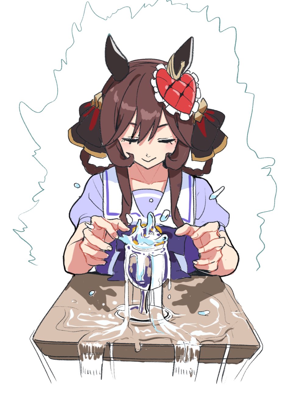 1girl animal_ears aura blush breasts closed_eyes closed_mouth collarbone cup drinking_glass gentildonna_(umamusume) hair_ornament hair_rings highres horse_ears medium_breasts overflowing school_uniform smile solo table takuan_(taku1219oekaki) tracen_school_uniform umamusume water white_background