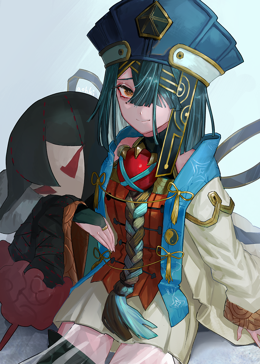 1girl bare_shoulders black_hair blue_hat breasts bridal_gauntlets brown_eyes chinese_clothes doll fate/grand_order fate_(series) hair_ornament hair_over_one_eye hairpin hat highres holding holding_doll long_sleeves looking_at_viewer mole mole_under_eye robe short_hair sitting small_breasts smile solo waterstaring white_robe wide_sleeves xu_fu_(fate) xu_fu_(first_ascension)_(fate) yu_mei-ren_(fate)
