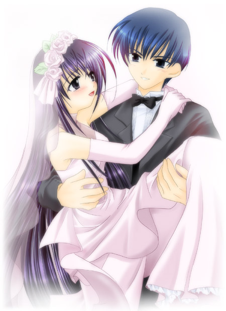 1boy 1girl blue_hair blush bride carrying dress elbow_gloves ever_17 gloves husband_and_wife komachi_tsugumi kuranari_takeshi princess_carry purple_hair wedding_dress