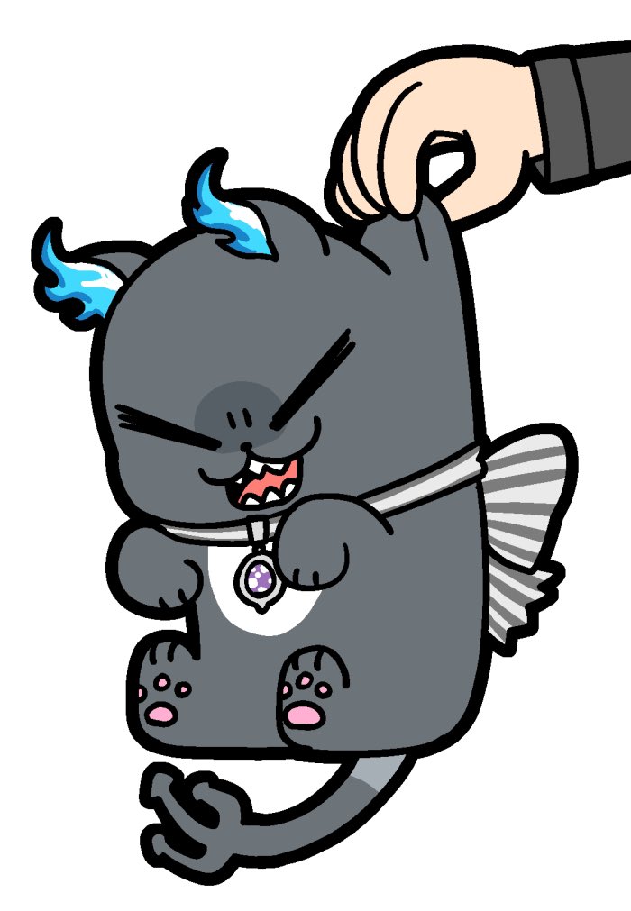1other :3 animal bkub bow cat commentary gem grim_(twisted_wonderland) holding holding_animal holding_cat horizontal-striped_bow long_sleeves open_mouth pawpads purple_gemstone sharp_teeth simple_background striped_bow teeth tuxedo_cat twisted_wonderland white_background