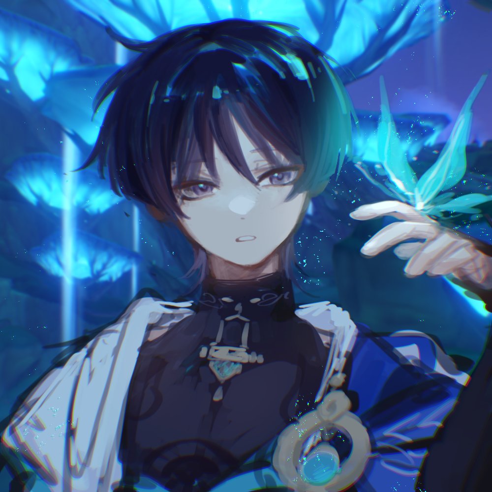 1boy aqua_hair black_bodysuit black_hair blue_cape blue_gemstone blunt_ends bodysuit cape crystalfly_(genshin_impact) eyeliner eyeshadow gem genshin_impact hand_up japanese_clothes kimono looking_at_creature makeup male_focus multicolored_hair night night_sky open_clothes open_hand open_kimono outdoors portrait purple_eyes red_eyeliner red_eyeshadow scaramouche_(genshin_impact) short_sleeves shoulder_peek sketch sky solo streaked_hair tsurime tujiang6 turtleneck turtleneck_bodysuit vision_(genshin_impact) wanderer_(genshin_impact) white_kimono white_sleeves