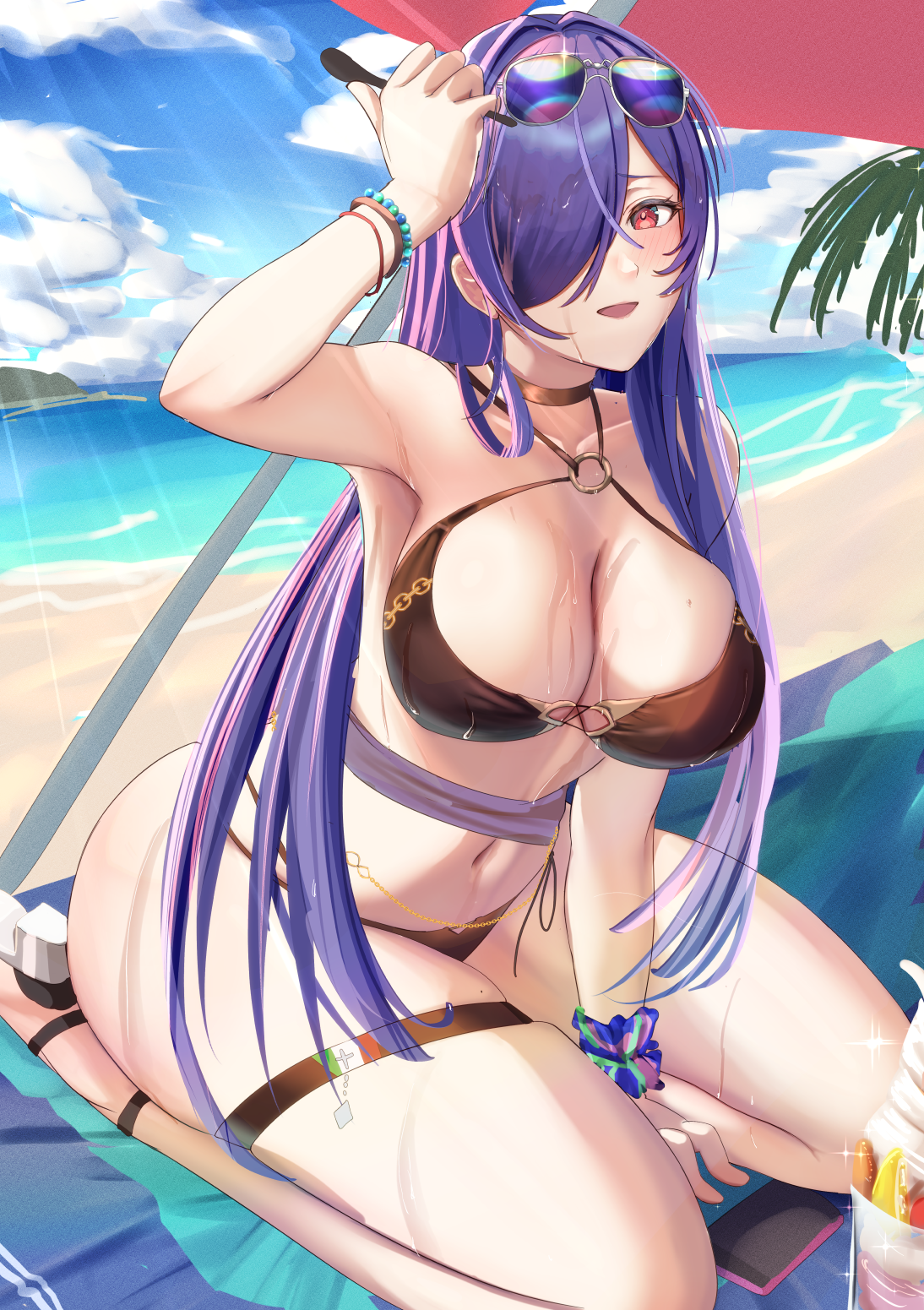1girl aviator_sunglasses azur_lane beach bikini black_bikini black_choker breasts cafenami choker day eyewear_on_head food hair_over_one_eye high_heels highres large_breasts long_hair looking_at_viewer md5_mismatch navel o-ring o-ring_bikini ocean official_alternate_costume open_mouth outdoors parfait purple_hair red_eyes resolution_mismatch sand scrunchie seiza sitting solo source_larger sunglasses swimsuit thigh_strap trento_(azur_lane) trento_(summer's_hotness?)_(azur_lane) water wet wrist_scrunchie