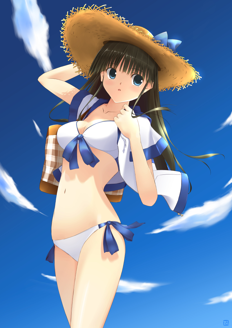 00s 1girl :o arm_up bag bikini blue_eyes breasts brown_hair cleavage comic_party cowboy_shot day female_focus front-tie_bikini_top front-tie_top hand_on_headwear hasebe_aya hat jacket long_hair looking_to_the_side medium_breasts navel plaid shade short_sleeves side-tie_bikini_bottom sky solo straw_hat sun_hat swimsuit unzipped white_bikini wind zenzen zenzen_(onestep)