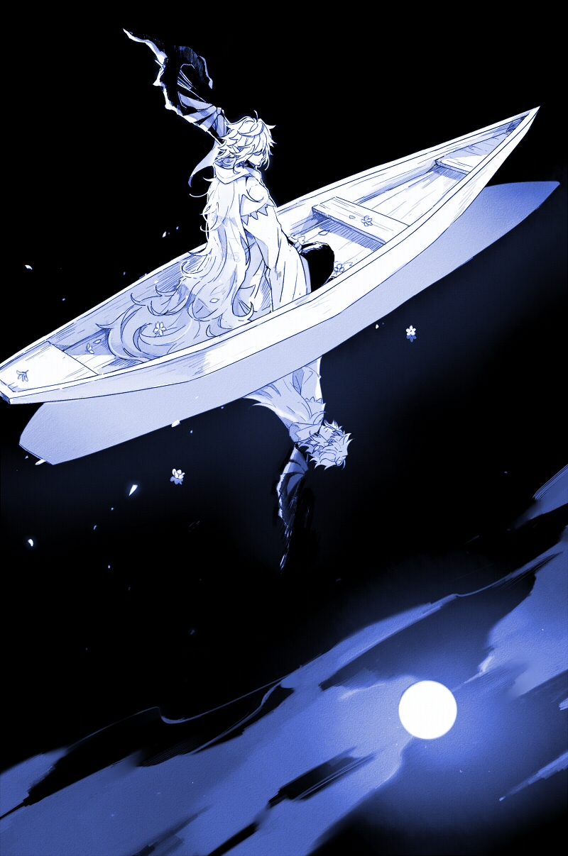 1boy blue_theme boat fate/grand_order fate_(series) flower_on_liquid full_moon highres holding holding_staff hood hood_down hooded_robe long_hair long_sleeves looking_down mage_staff male_focus merlin_(fate) moon ocean on_boat petals petals_on_liquid reflection robe rowboat ruoyin sitting solo staff very_long_hair water watercraft wide_sleeves