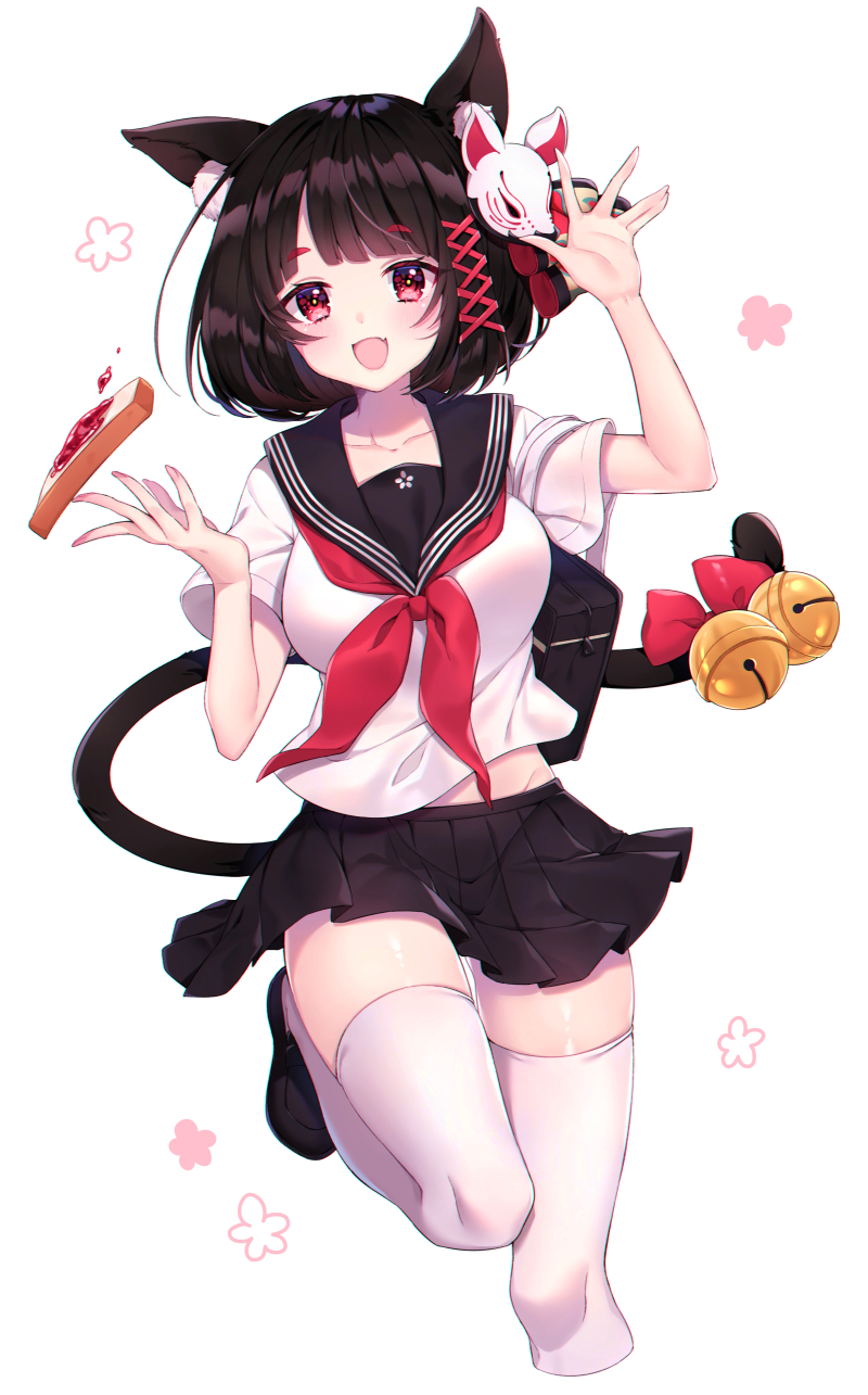 1girl animal_ear_fluff animal_ears azur_lane bell black_hair black_sailor_collar black_skirt blush bread bread_slice breasts cat_tail collarbone commentary_request fang female_focus food hands_up highres jingle_bell large_breasts looking_at_viewer neckerchief open_mouth pleated_skirt red_neckerchief sailor_collar school_uniform serafuku shirt short_hair short_sleeves simple_background skirt smile solo tail tail_bell tail_ornament thighhighs toast usano white_background white_shirt white_thighhighs yamashiro_(azur_lane) yamashiro_(street_corner_offensive!)_(azur_lane)