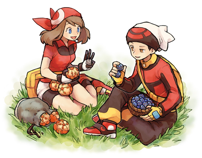 00s 025kko 10s 1boy 1girl backpack bag bandana berry berry_(pokemon) bike_shorts black_hair blue_eyes brendan_(pokemon) brown_eyes brown_hair butterfly_sitting fanny_pack fingerless_gloves food fruit gloves hat ikra_(katacoly) liechi_berry may_(pokemon) nintendo on_grass open_mouth pokemon pokemon_oras pokemon_rse short_hair sitting yokozuwari