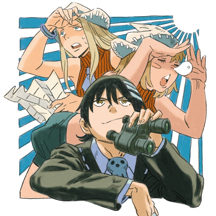 1boy 2girls amber389 bare_shoulders binoculars black_hair blonde_hair blue_eyes closed_eyes closed_mouth death_the_kid elizabeth_thompson hands_up hat holding holding_binoculars long_sleeves multiple_girls nose_bubble patricia_thompson sleeveless sleeveless_turtleneck smile soul_eater sweat teeth turtleneck upper_teeth_only v-shaped_eyebrows