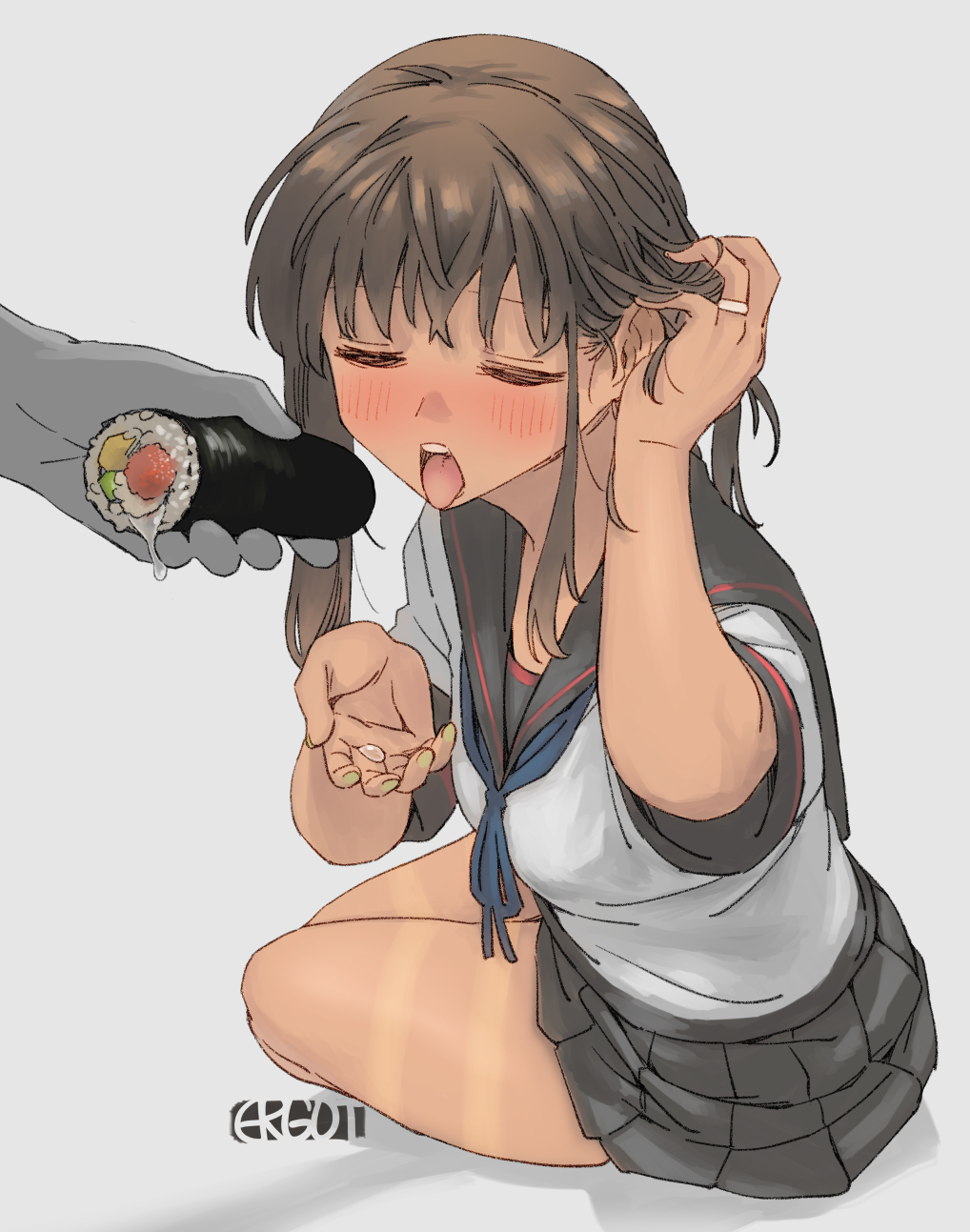 1girl black_sailor_collar black_skirt blush brown_hair closed_eyes ehoumaki ergot food fubuki_(kancolle) fubuki_kai_ni_(kancolle) green_nails grey_background hair_behind_ear highres holding holding_food jewelry kantai_collection makizushi nail_polish open_mouth pleated_skirt ponytail ring sailor_collar saliva school_uniform serafuku sexually_suggestive short_ponytail signature simple_background sitting skirt solo_focus sushi tongue tongue_out