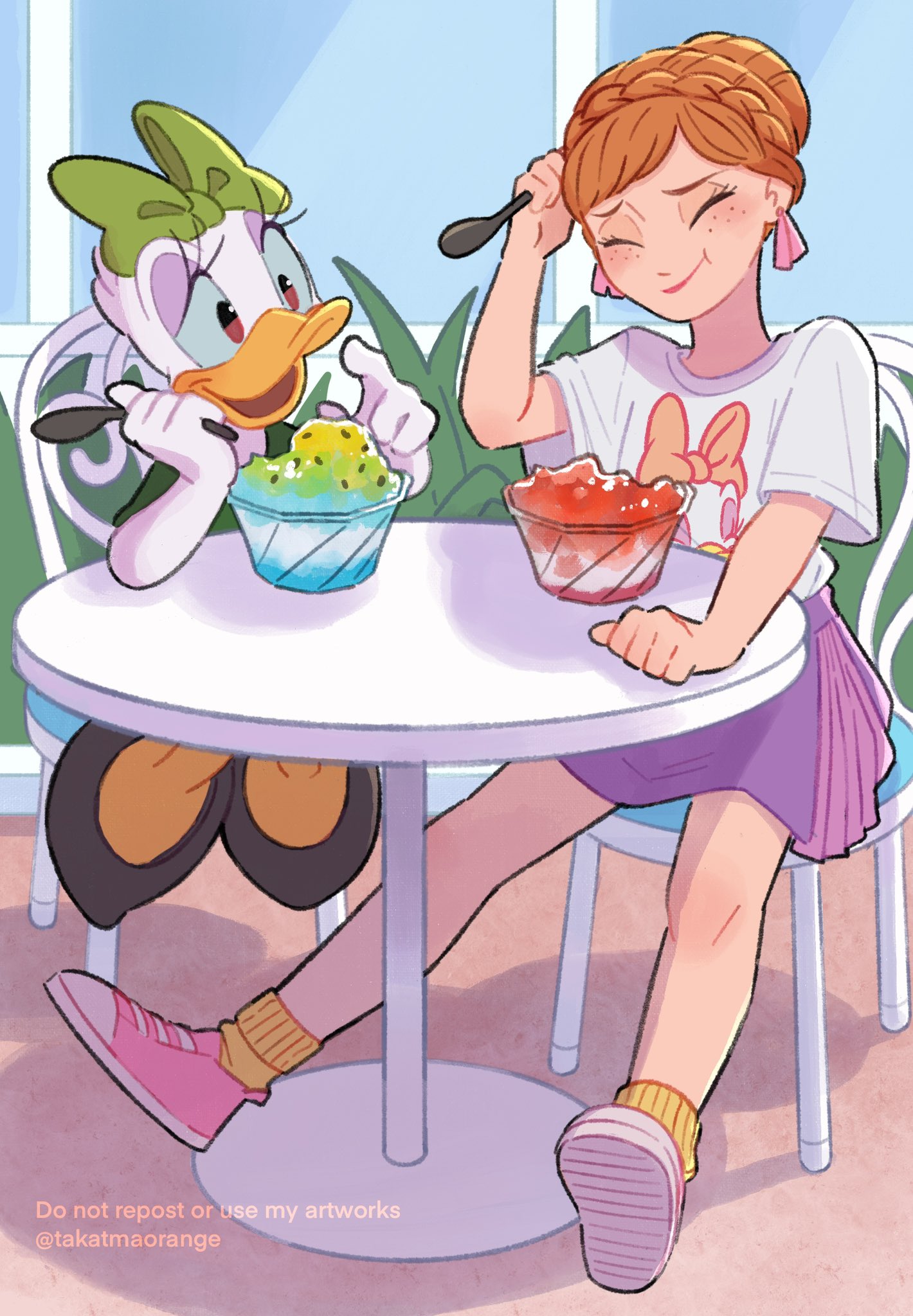 2girls alternate_costume anna_(frozen) bow brown_hair chair company_name daisy_duck disney disneyland duck_girl frozen_(disney) green_bow high_heels highres multiple_girls open_mouth shirt sitting skirt smile spoon table takatmaorange