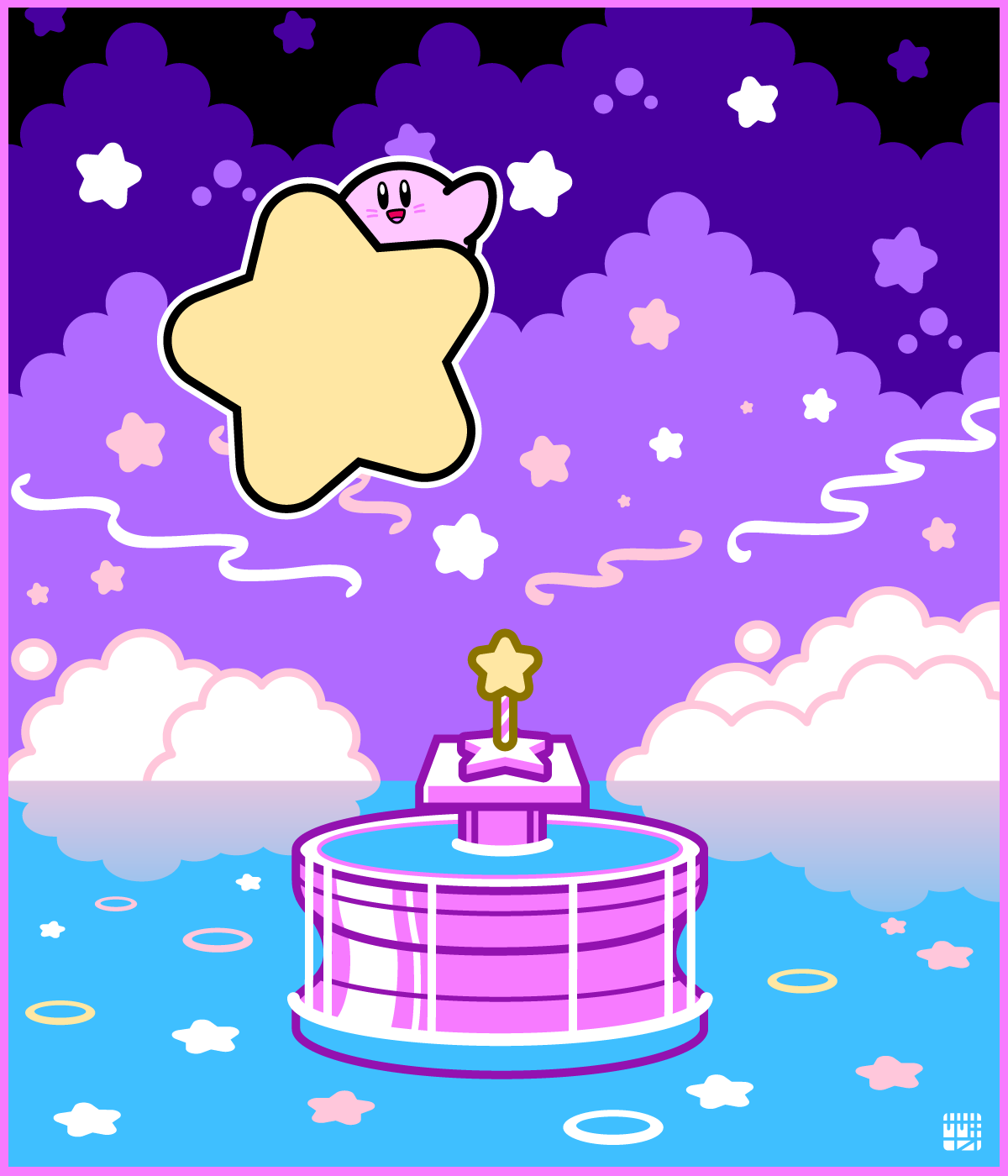1boy black_eyes border bright_pupils cloud facial_mark fountain fountain_of_dreams highres kirby kirby&#039;s_dream_land kirby_(series) nintendo no_humans open_mouth pink_border sasakinao smile solo star_(symbol) star_rod warp_star water waving white_pupils