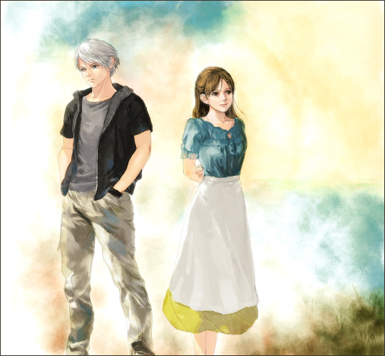 1boy 1girl arms_behind_back brown_hair capcom devil_may_cry devil_may_cry_(series) devil_may_cry_4 dress grey_shirt hands_in_pockets hood hoodie kyrie_(devil_may_cry) long_hair nero_(devil_may_cry) niko_(silent.whitesnow) pants shirt short_hair silver_hair
