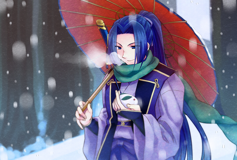 1boy bishounen blue_hair fate_(series) japanese_clothes kamehima long_hair male_focus ponytail sasaki_kojirou_(fate) snow snow_rabbit solo sword umbrella weapon