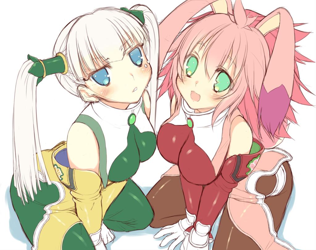 2girls animal_ears blue_eyes blush breasts colored_bangs gloves green_eyes hime_gyo large_breasts long_hair looking_at_viewer multiple_girls open_mouth pantyhose pink_hair rabbit_ears seraphita_(xenogears) simple_background smile tolone_(xenogears) twintails white_background white_hair xenogears