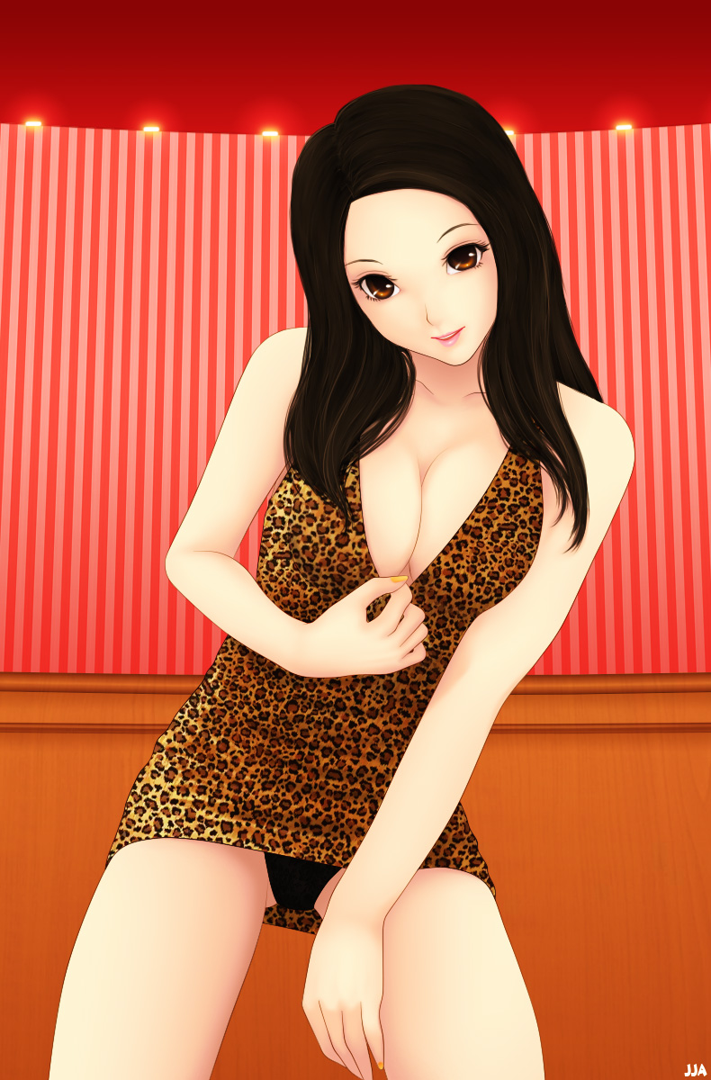 1girl animal_print breasts brown_eyes brown_hair cleavage clothes_pull female_focus highres khalitzburg_(user_2274420) large_breasts leopard_print lips long_hair looking_at_viewer original panties pantyshot smile solo underwear
