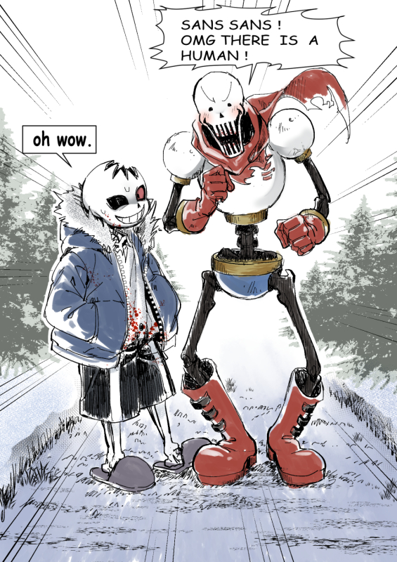 2boys ahin_vpv black_sclera black_shorts blood blue_jacket boots colored_sclera english_text grin hood hoodie jacket male_focus multiple_boys papyrus_(undertale) red_boots red_eyes sans_(undertale) shorts skeleton smile speech_bubble teeth undertale