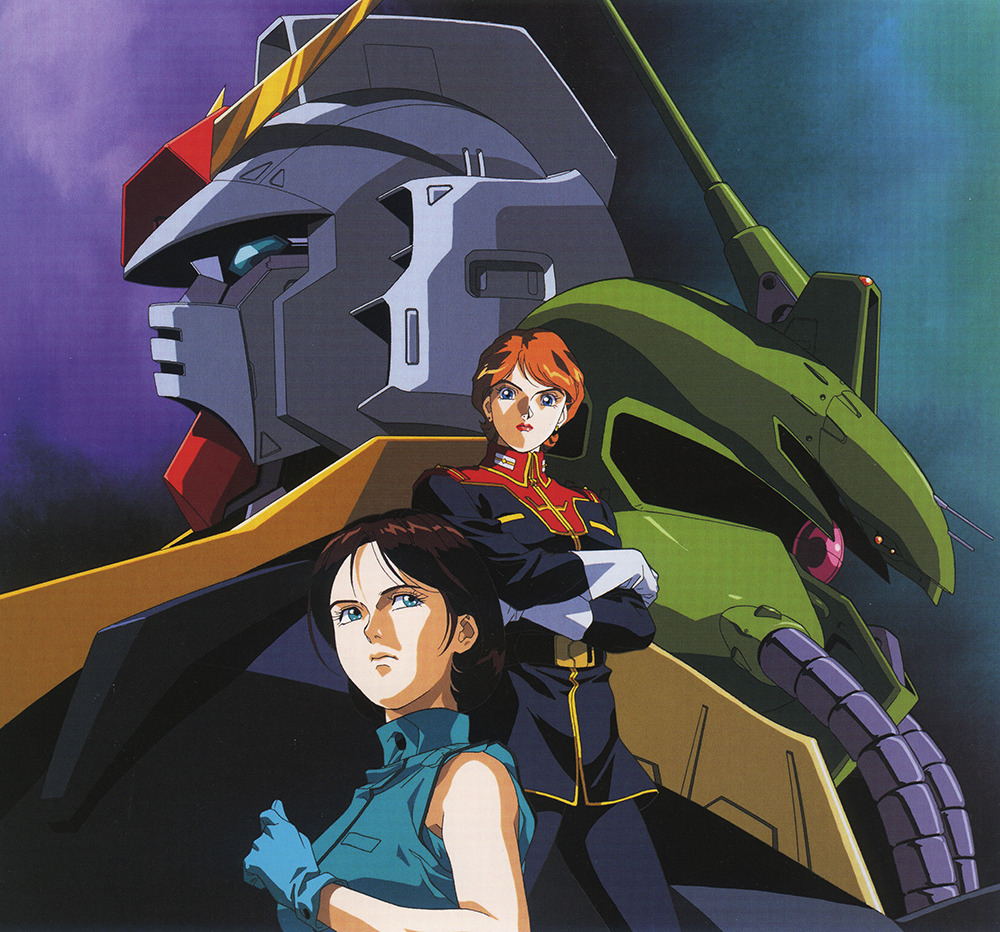 1980s_(style) 1990s_(style) 2girls angry belt blue_eyes brown_hair cable commentary_request cover crossed_arms dvd_cover emma_sheen gloves gundam gundam_mk_ii key_visual kitazume_hiroyuki mecha military_uniform mobile_suit multiple_girls official_art oldschool one-eyed orange_hair palace_athene promotional_art reccoa_londe red_lips retro_artstyle robot scan science_fiction serious spoilers titans_(gundam) traditional_media upper_body v-fin vest zeta_gundam