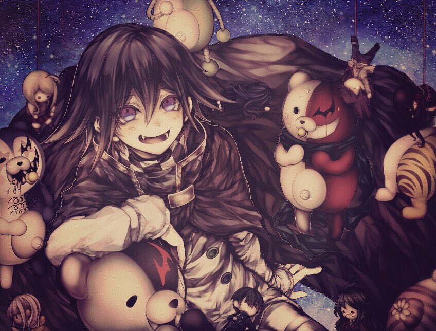 1girl 6+boys akamatsu_kaede arm_on_another&#039;s_head black_cape black_hair buttons cape character_doll checkered_clothes checkered_scarf danganronpa_(series) danganronpa_v3:_killing_harmony doll from_above gokuhara_gonta harukawa_maki head_out_of_frame jacket long_sleeves momota_kaito monodam monokid monokuma monophanie monosuke monotaro_(danganronpa) multiple_boys oma_kokichi poporo_v3 protected_link purple_eyes saihara_shuichi scarf short_hair sky star_(sky) starry_sky straitjacket sweat white_jacket yonaga_angie