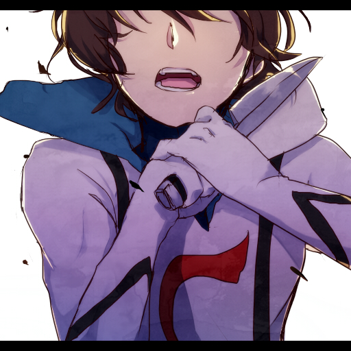 1boy blade_to_throat bodysuit brown_hair casshern casshern_(series) casshern_sins commentary_request hair_between_eyes head_out_of_frame hirkke holding holding_knife knife long_bangs male_focus open_mouth popped_collar short_hair simple_background solo upper_body white_background white_bodysuit