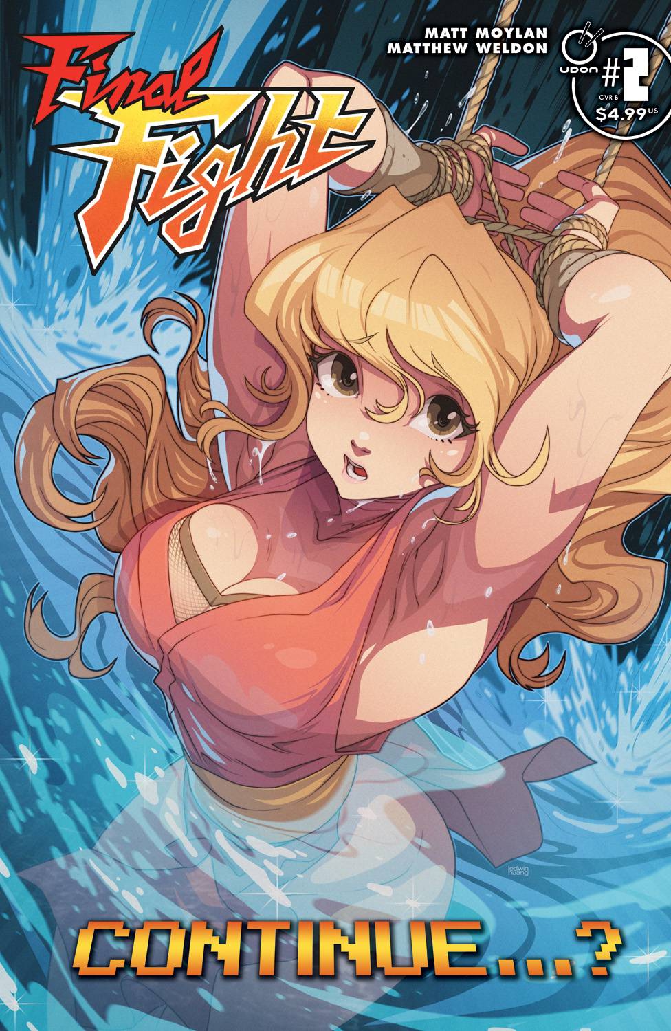 1girl armpits bdsm blonde_hair bondage bound bound_wrists breasts brown_eyes capcom_vs_snk_2 cleavage collarbone comic_cover edwin_huang english_text final_fight final_fight_2 genryuusai_maki highres large_breasts long_hair ninja official_art peril ponytail scared street_fighter street_fighter_zero_(series) tied_up_(nonsexual) udon_entertainment water
